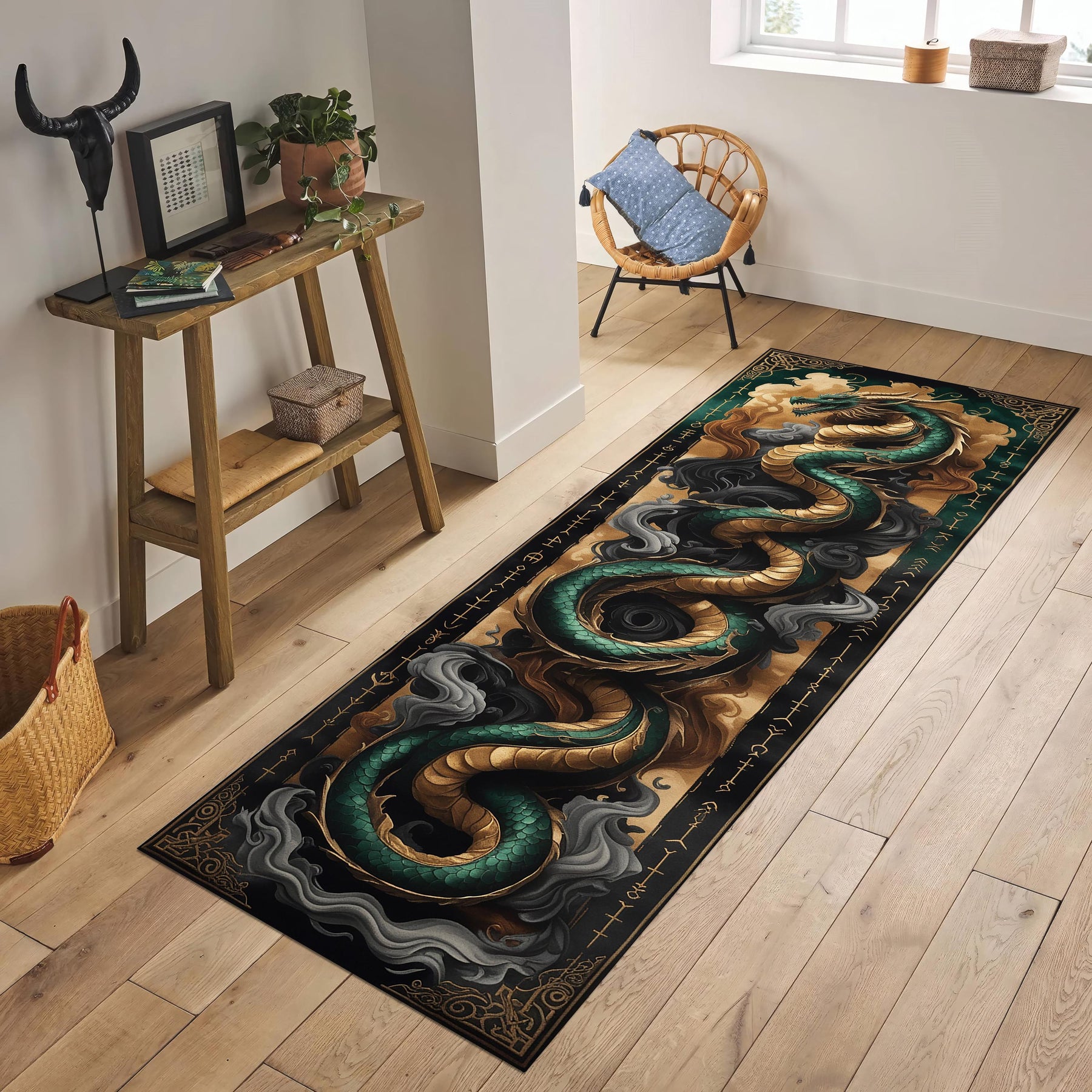 Serpent Myth Runner Rug, Gothic Dragon Snake Hallway Rug, Fantasy Medieval Decor, Wizard Magic Carpet, Mystical Creature Long Area Rug