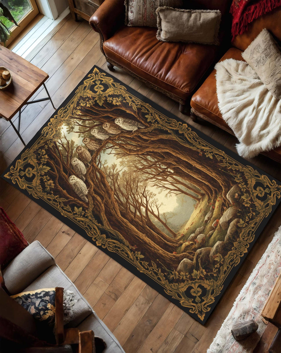 Gothic Woodland Carpet Dark Fairytale Forest Decor with Vintage Frame for Cottagecore or Victorian Interiors, The Hollow Owls Rug