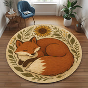 Round Fox Rug, Sunflower and Leaf Design, Woodland Animal Carpet for Nursery Kids Room