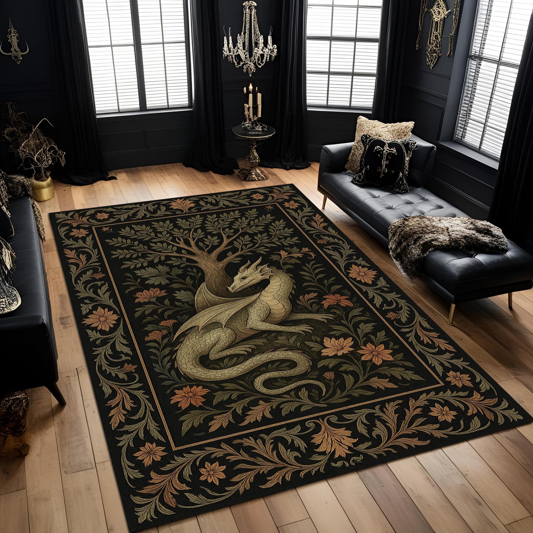 Medieval Tapestry Dragon Rug: Majestic Dragon Room Decor for Medieval Gothic Room, Epic Carpet For Fantasy Rooms, Gothic Castle or RPG Decor