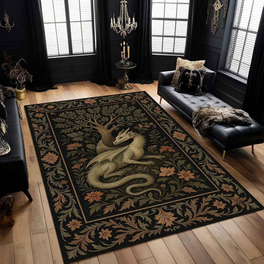 Medieval Tapestry Dragon Rug: Majestic Dragon Room Decor for Medieval Gothic Room, Epic Carpet For Fantasy Rooms, Gothic Castle or RPG Decor