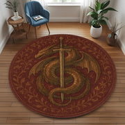 Dragon & Sword Round Rug: Medieval Fantasy Carpet with Slain Beast Design for Gothic Living Room or Knightly Themed Decor