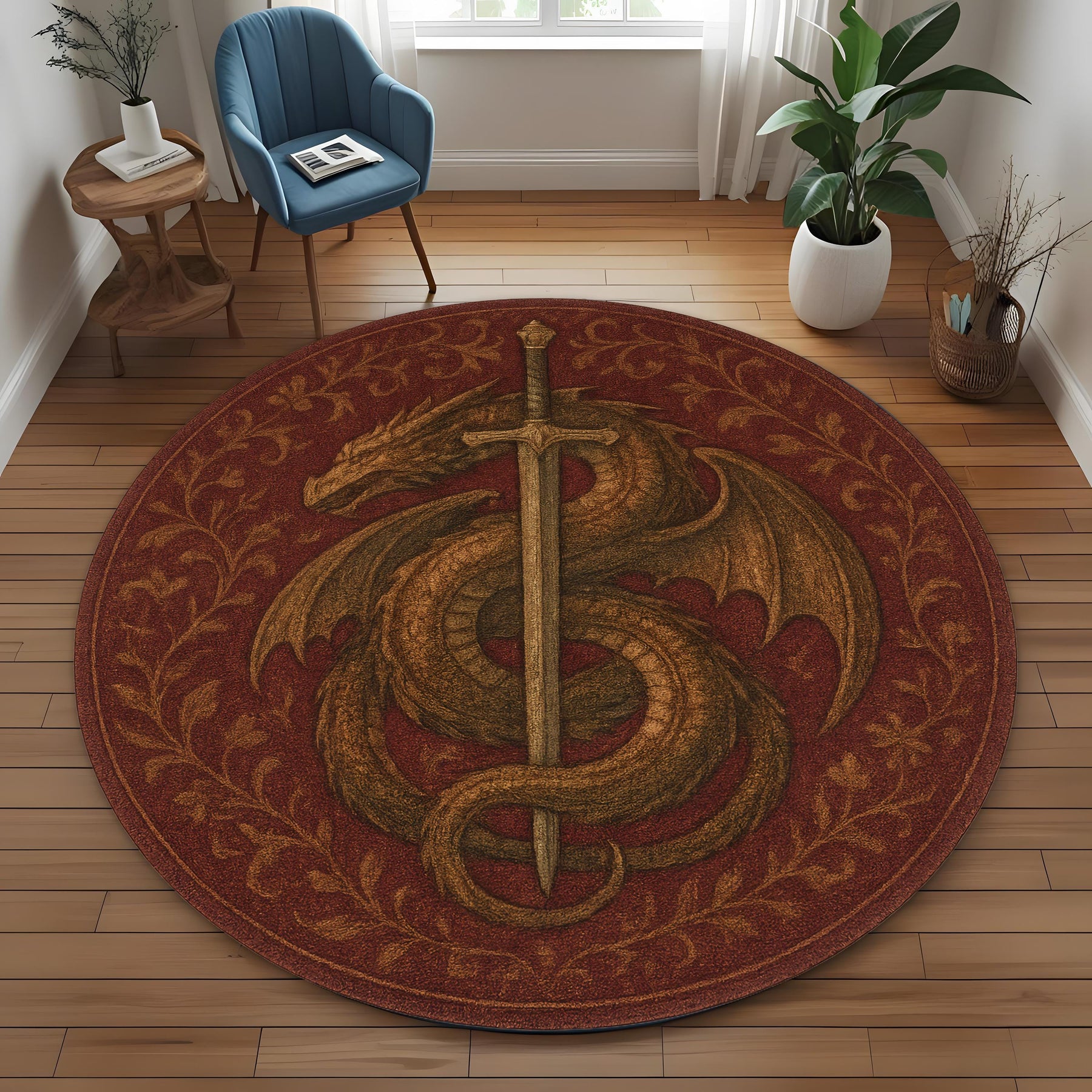 Dragon & Sword Round Rug: Medieval Fantasy Carpet with Slain Beast Design for Gothic Living Room or Knightly Themed Decor