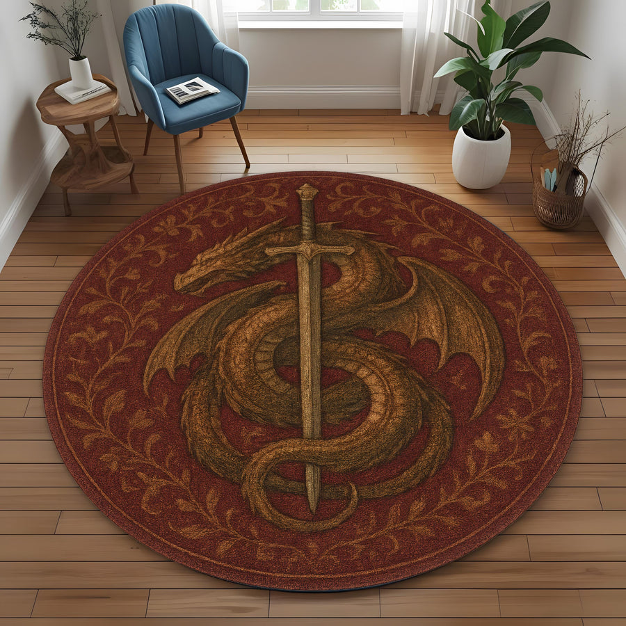 Dragon & Sword Round Rug: Medieval Fantasy Carpet with Slain Beast Design for Gothic Living Room or Knightly Themed Decor