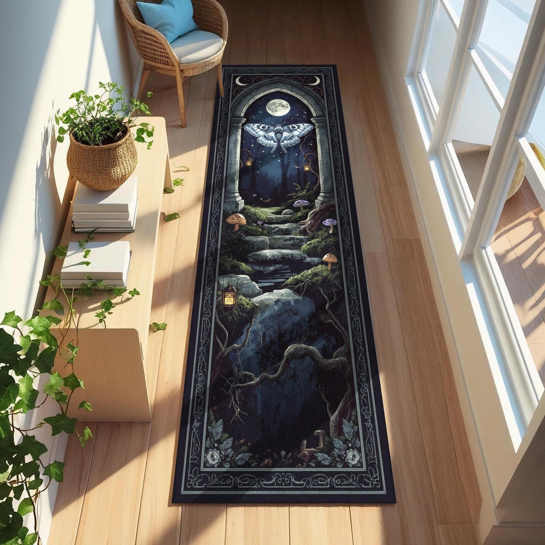 Lunar Moth Rug, Moonlit Arch Runner, Fantasy Night Insect Rug, Witchcore Tapestry Hallway Mat, Gothic Moth Decor Rug, Gothic Room Runner Rug