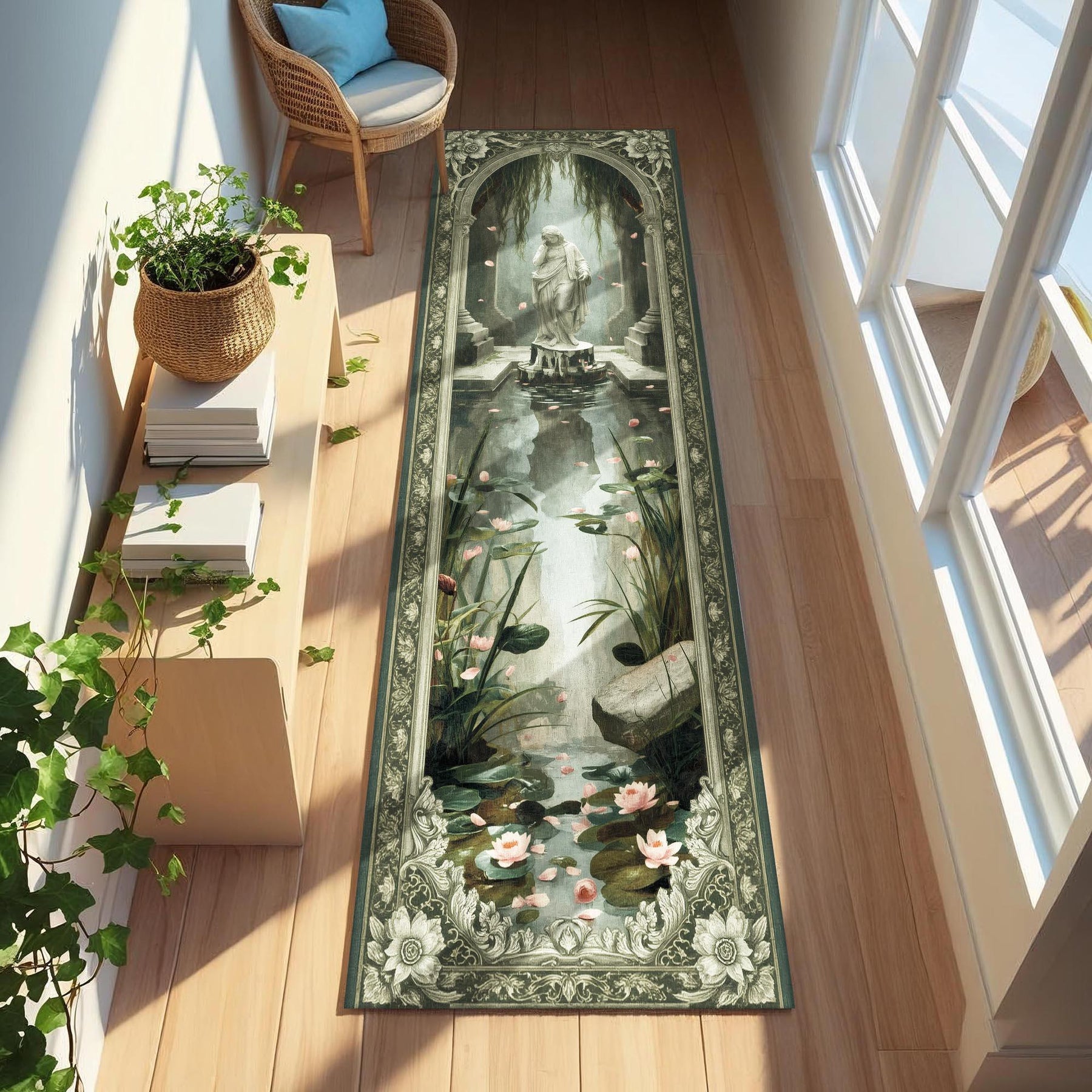 Weeping Statue Runner Rug, Fantasy Garden Hallway Rug, Gothic Altar Tapestry, Classical Statue Runner Rug, Sacred Fountain Decor Mat