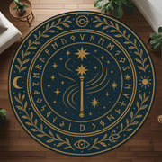 Magic Wand Round Rug: Mystical Rune Carpet with Stars, Moons and Enchanted Symbols for Gothic or Witchy Home Decor