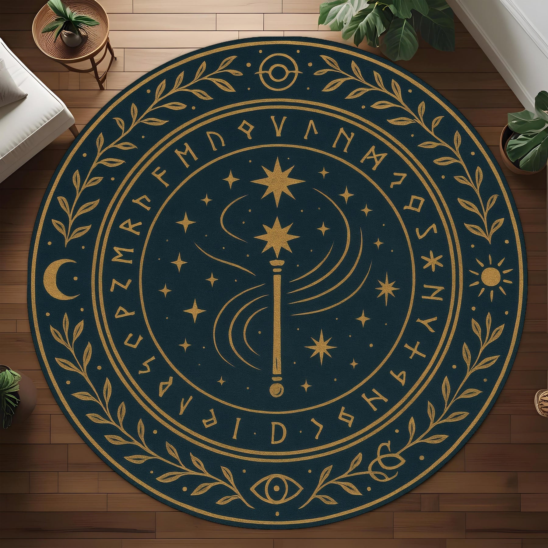 Magic Wand Round Rug: Mystical Rune Carpet with Stars, Moons and Enchanted Symbols for Gothic or Witchy Home Decor