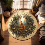 Woodland Fox Round Rug | Forest Animal Rug with Ferns and Roots | Nature-Inspired Cozy Cottagecore Carpet | Woodland Botanical Fox Carpet