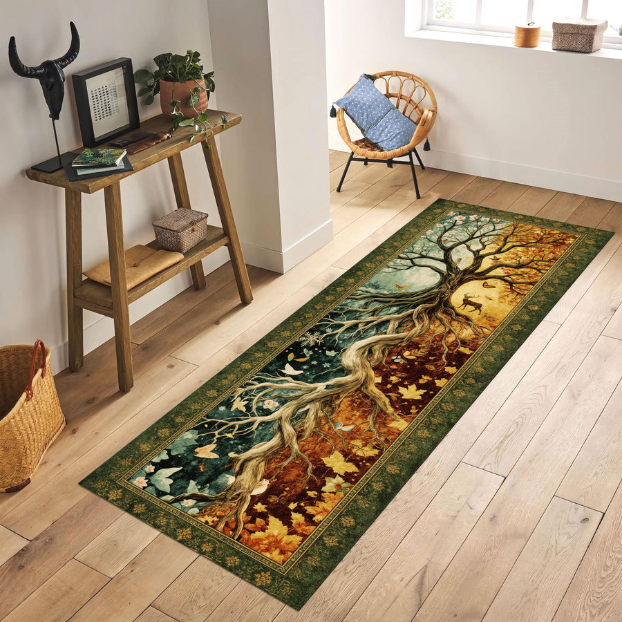 Tree of Seasons Runner Rug, Fantasy Tapestry Rug, Four Seasons Nature Decor, Enchanted Forest Hallway Rug, Botanical Wheel Rug