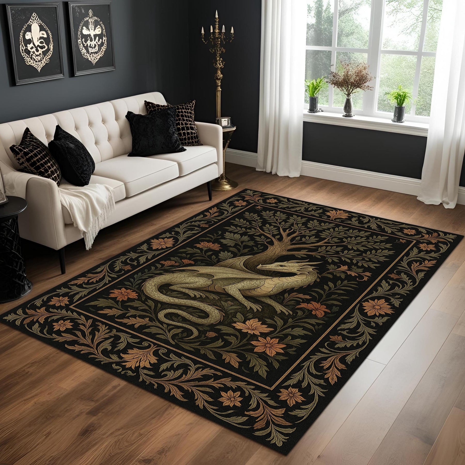 Medieval Tapestry Dragon Rug: Majestic Dragon Room Decor for Medieval Gothic Room, Epic Carpet For Fantasy Rooms, Gothic Castle or RPG Decor