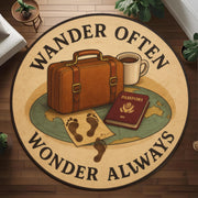 Adventure Rug: Wander Often Wonder Always Round Carpet With Passport, Suitcase And Footprints, Travel Inspired Decor For Curious Souls