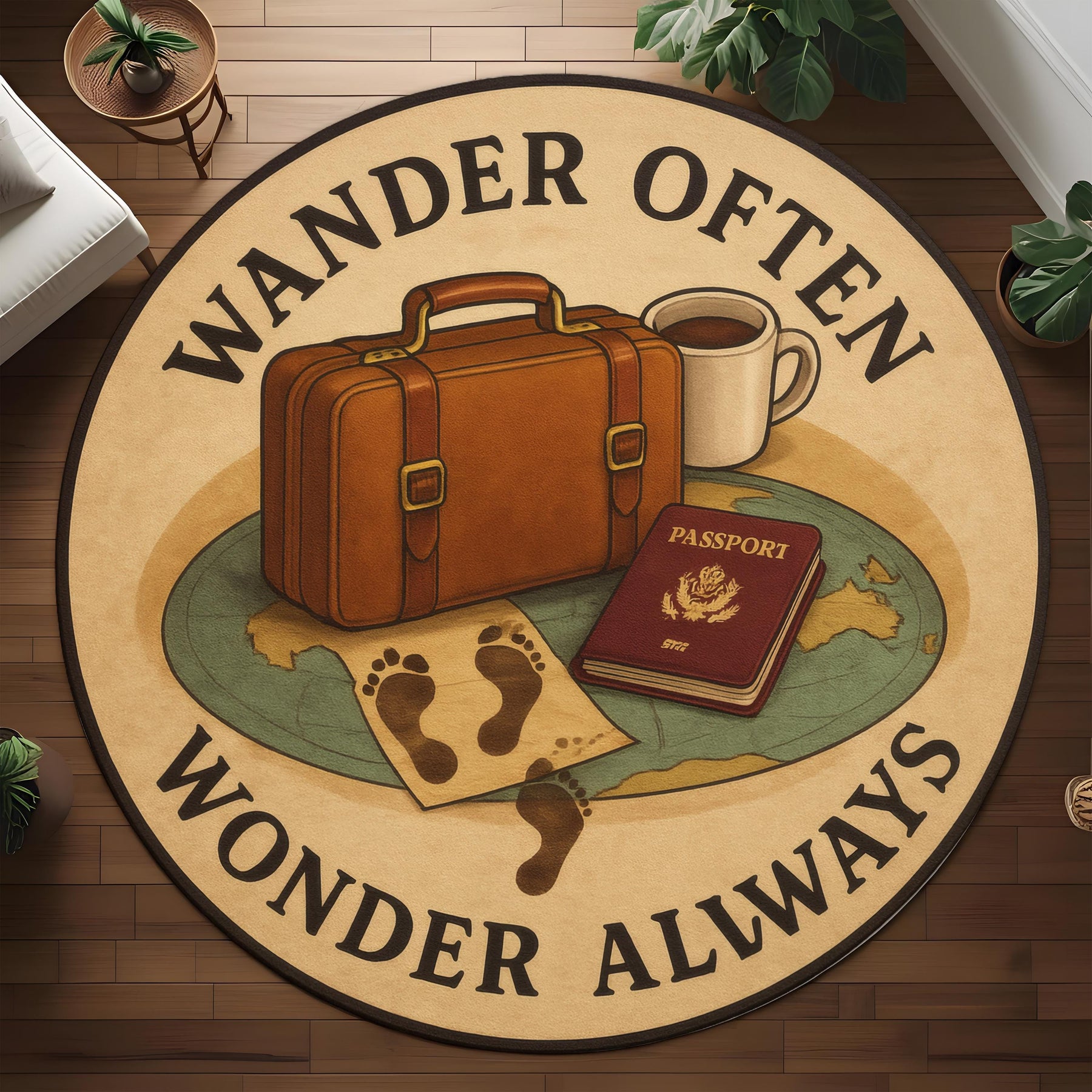 Adventure Rug: Wander Often Wonder Always Round Carpet With Passport, Suitcase And Footprints, Travel Inspired Decor For Curious Souls