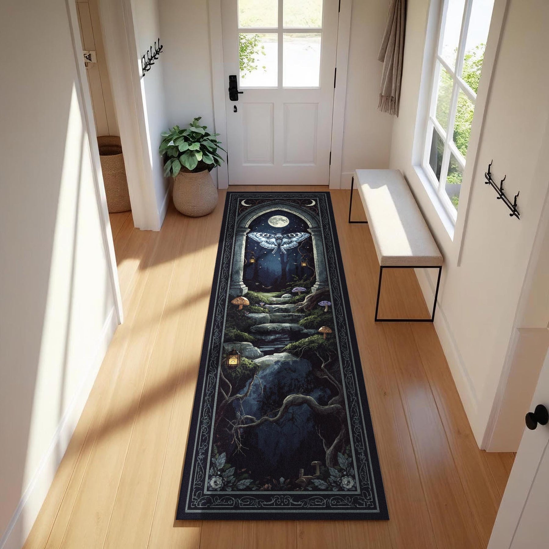 Lunar Moth Rug, Moonlit Arch Runner, Fantasy Night Insect Rug, Witchcore Tapestry Hallway Mat, Gothic Moth Decor Rug, Gothic Room Runner Rug