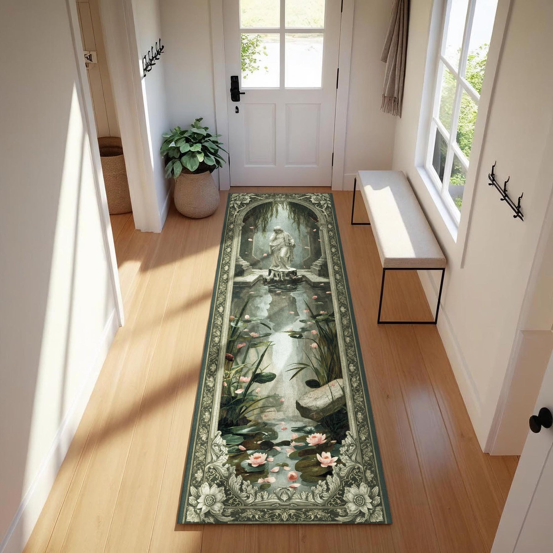 Weeping Statue Runner Rug, Fantasy Garden Hallway Rug, Gothic Altar Tapestry, Classical Statue Runner Rug, Sacred Fountain Decor Mat