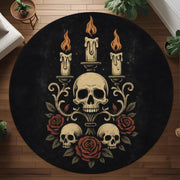Dark Gothic Rug: Skull Candelabra Red Roses Candles Decor, Round Carpet With Baroque Vibe