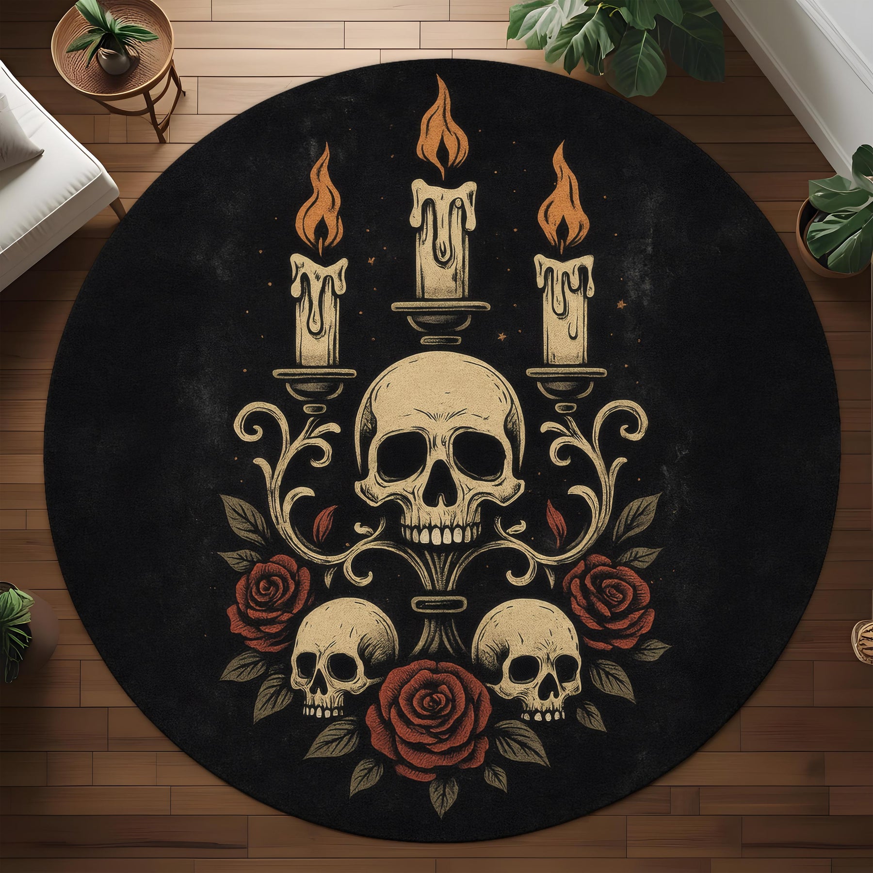 Dark Gothic Rug: Skull Candelabra Red Roses Candles Decor, Round Carpet With Baroque Vibe