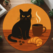 Whimsical Cat Coffee Rug: Cozy Black Cat With Croissant And Coffee Beans, Round Carpet For Kitchen Or Reading Nook