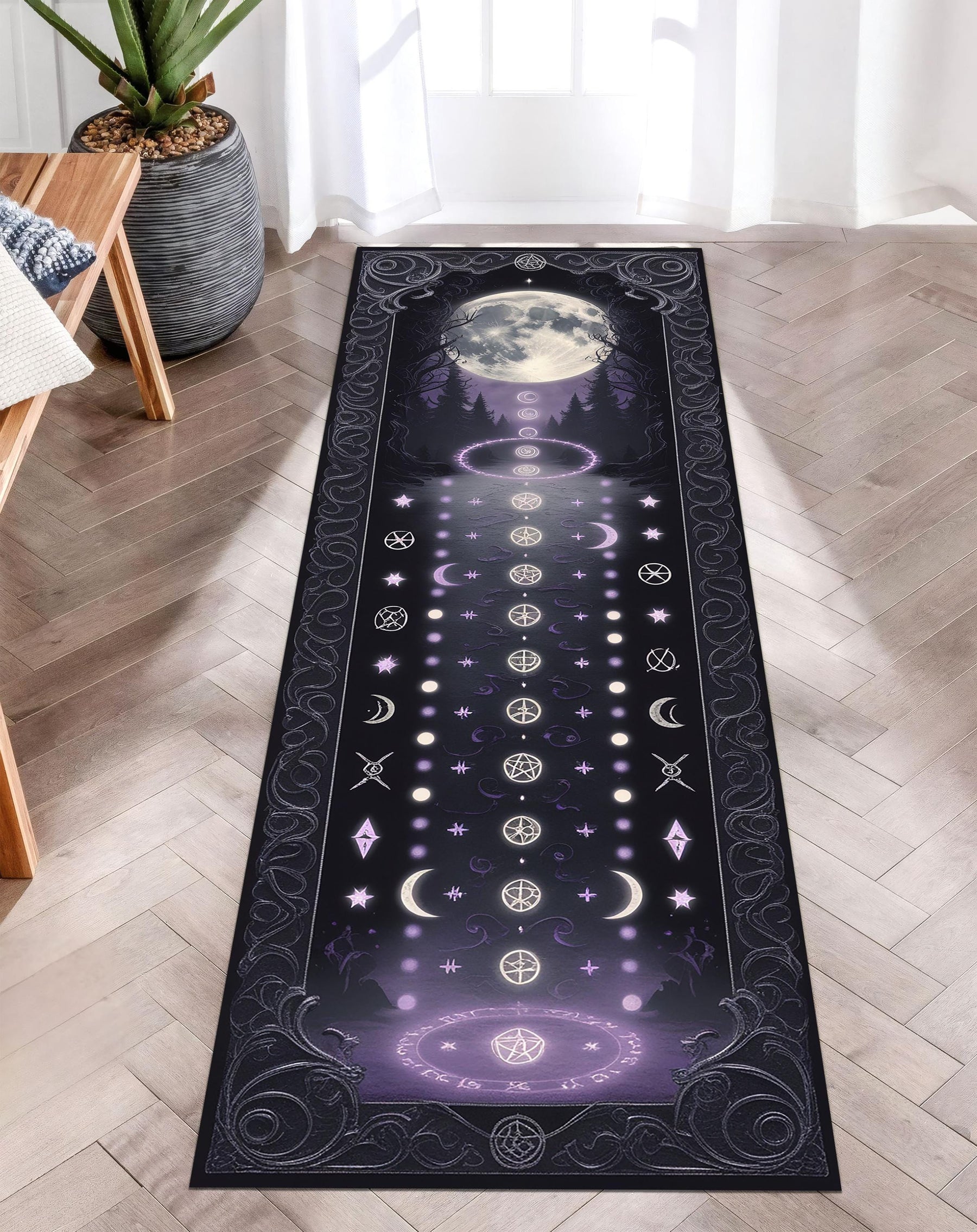 Witchy Moon Phase Runner Rug, Gothic Aesthetic Hallway Rug, Celestial Dark Academia Decor, Mystical Witch Runner Rug, Mystical Runner Carpet