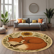 Round Fox Rug, Sunflower and Leaf Design, Woodland Animal Carpet for Nursery Kids Room