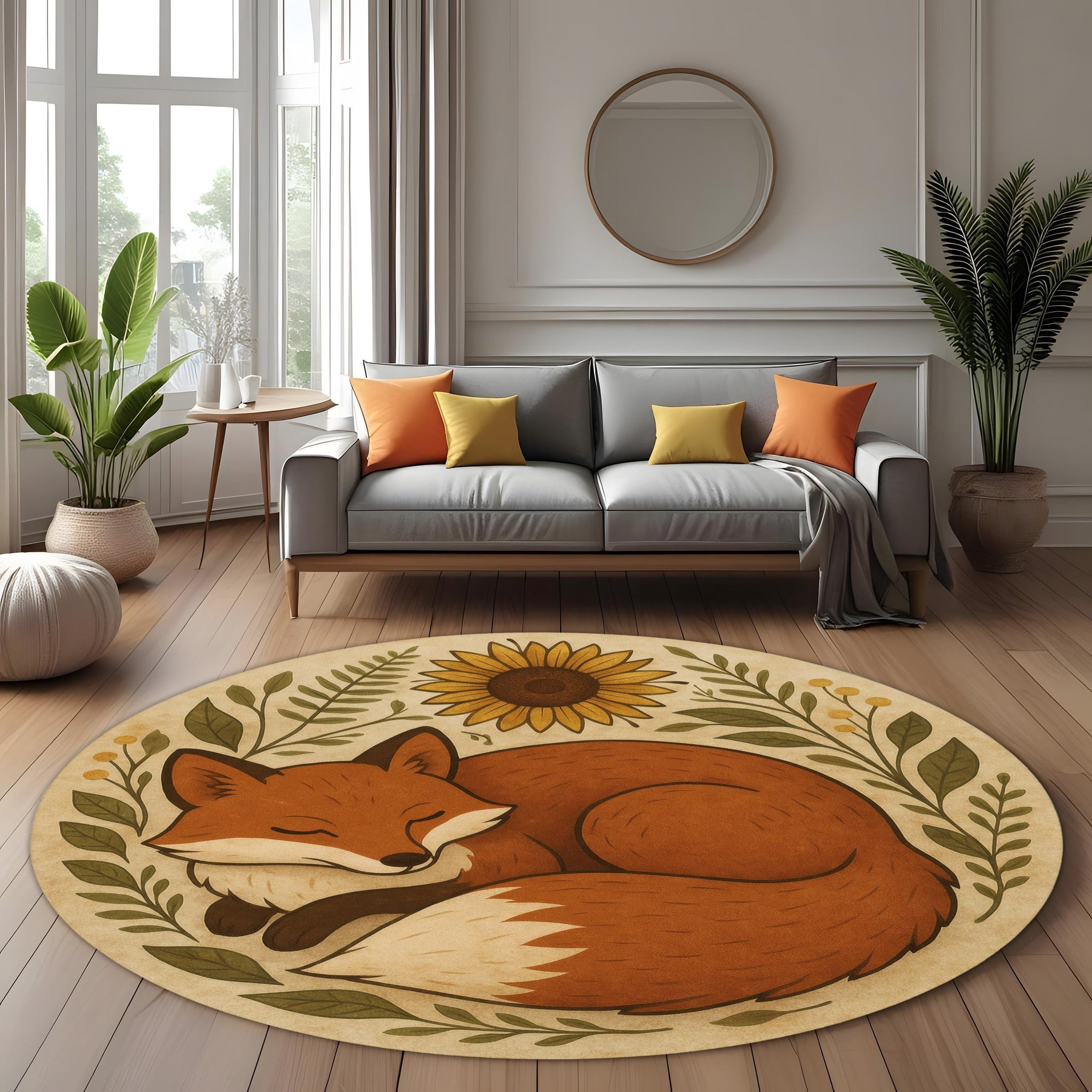 Round Fox Rug, Sunflower and Leaf Design, Woodland Animal Carpet for Nursery Kids Room