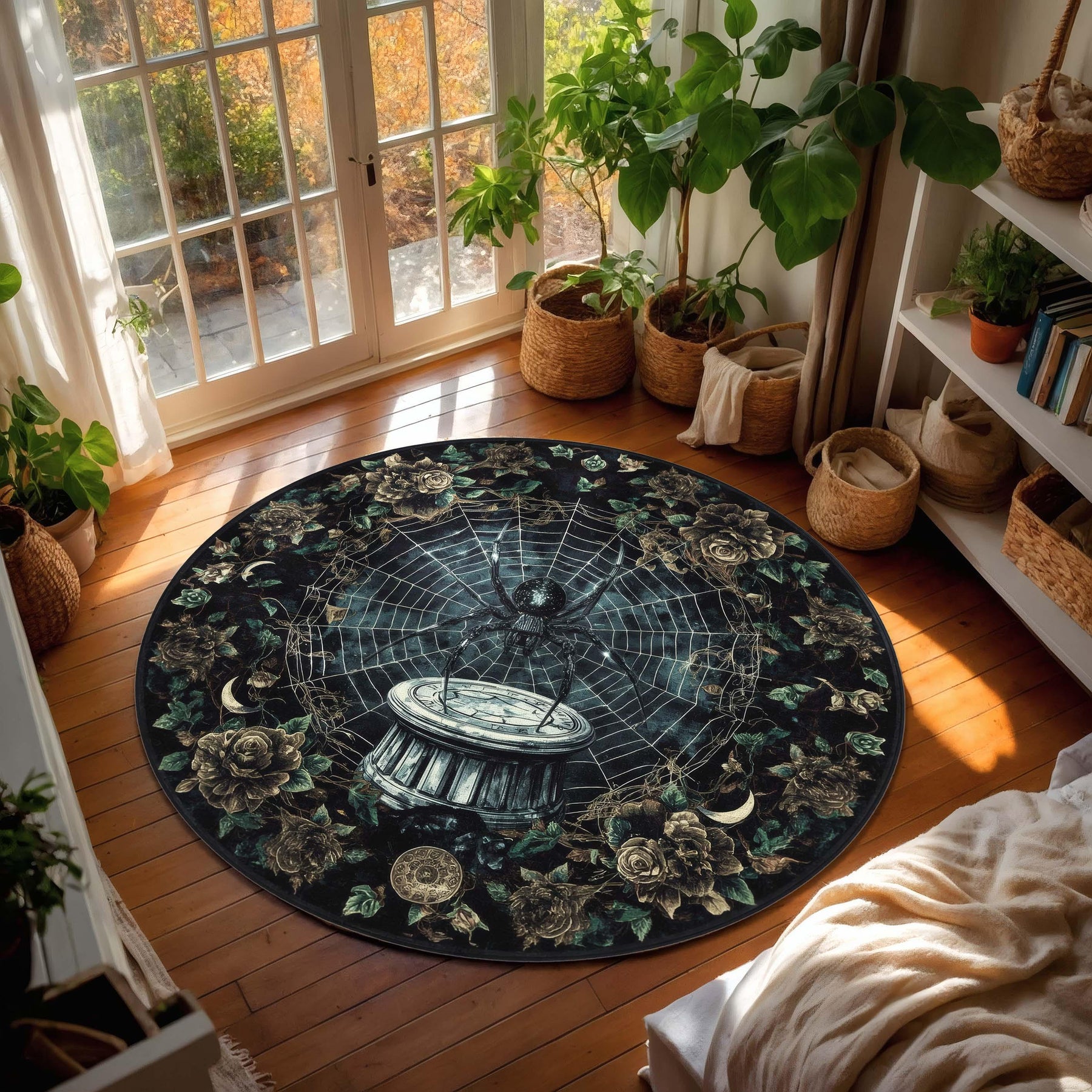 Gothic Spider Web Round Rug | Dark Fantasy Tapestry Style Rug with Roses & Moon Phases | Witchy Occult Living Room Decor