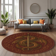 Dragon & Sword Round Rug: Medieval Fantasy Carpet with Slain Beast Design for Gothic Living Room or Knightly Themed Decor