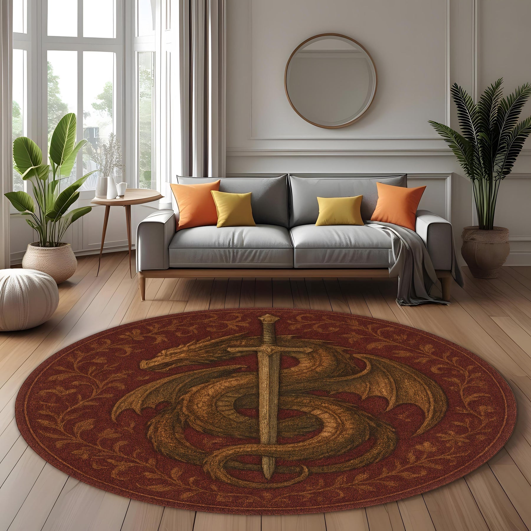 Dragon & Sword Round Rug: Medieval Fantasy Carpet with Slain Beast Design for Gothic Living Room or Knightly Themed Decor