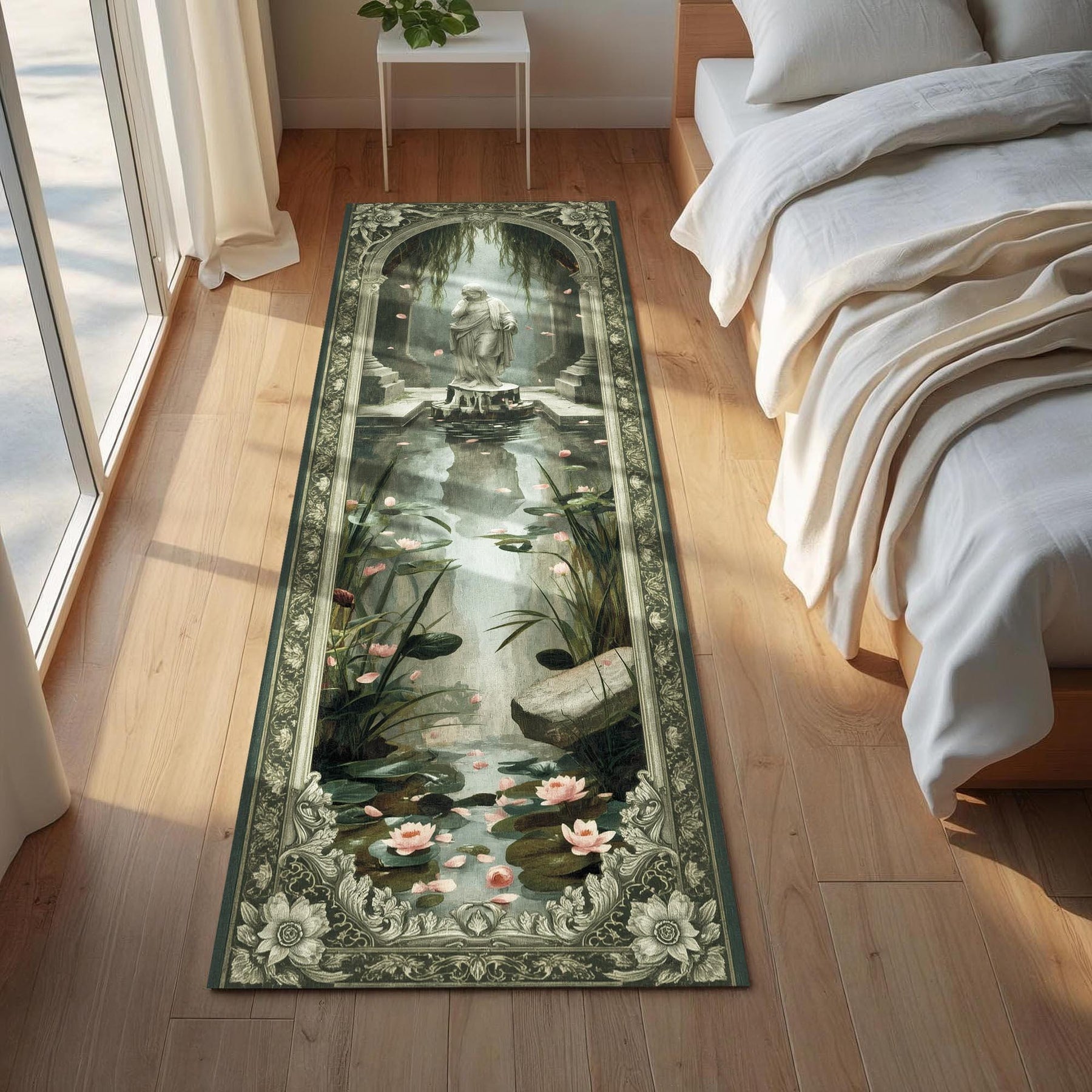 Weeping Statue Runner Rug, Fantasy Garden Hallway Rug, Gothic Altar Tapestry, Classical Statue Runner Rug, Sacred Fountain Decor Mat