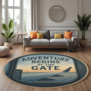 Travel Rug: Adventure Begins At The Gate Round Carpet With Airplane Window View, Wanderlust Floor Decor For Entryway Or Travel Corners