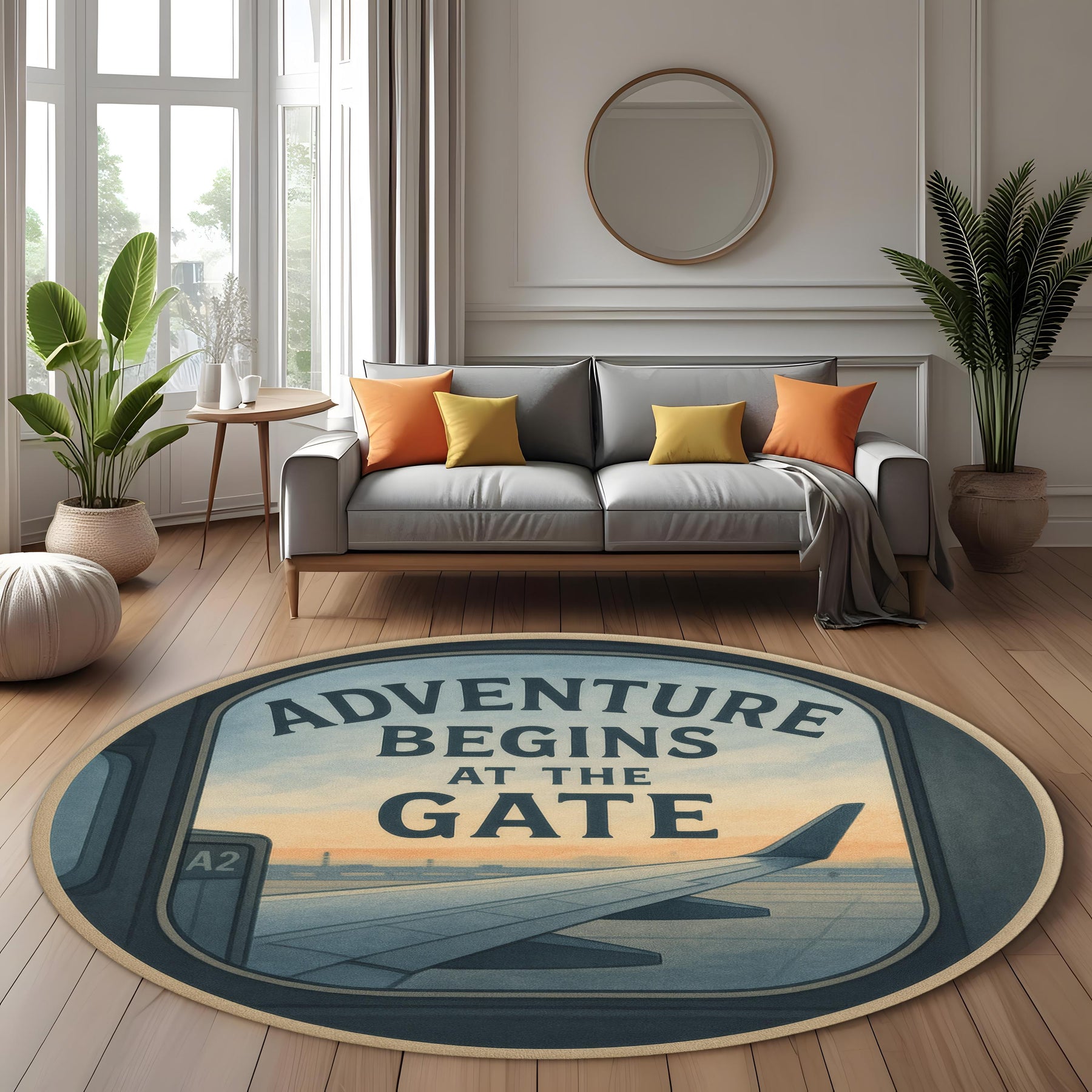 Travel Rug: Adventure Begins At The Gate Round Carpet With Airplane Window View, Wanderlust Floor Decor For Entryway Or Travel Corners
