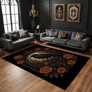 Gothic Raven Rug With Floral Frame, Black Crow Area Carpet, Dark Academia Aesthetic Living Room Decor, Baroque Style Elegant Rug