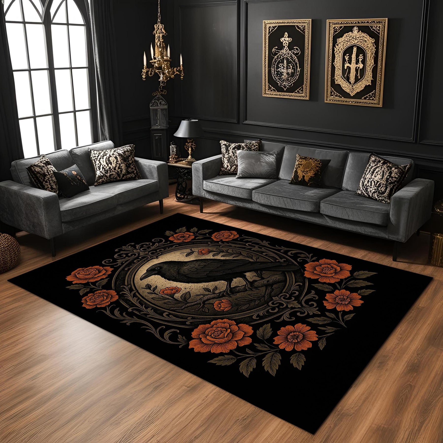 Gothic Raven Rug With Floral Frame, Black Crow Area Carpet, Dark Academia Aesthetic Living Room Decor, Baroque Style Elegant Rug