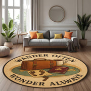 Adventure Rug: Wander Often Wonder Always Round Carpet With Passport, Suitcase And Footprints, Travel Inspired Decor For Curious Souls