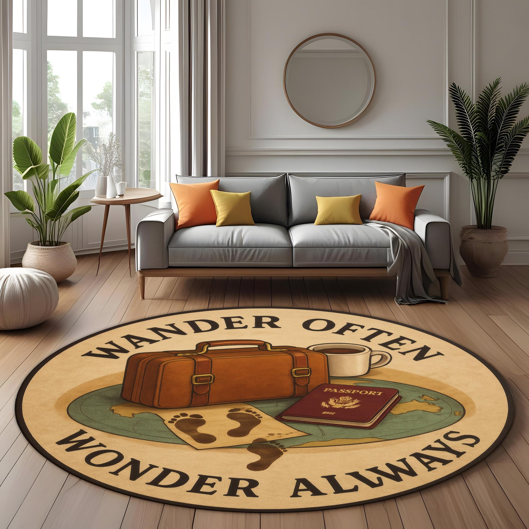 Adventure Rug: Wander Often Wonder Always Round Carpet With Passport, Suitcase And Footprints, Travel Inspired Decor For Curious Souls