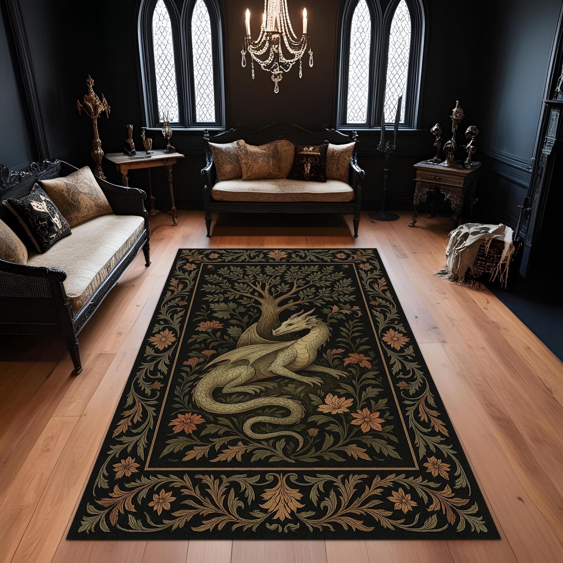 Medieval Tapestry Dragon Rug: Majestic Dragon Room Decor for Medieval Gothic Room, Epic Carpet For Fantasy Rooms, Gothic Castle or RPG Decor
