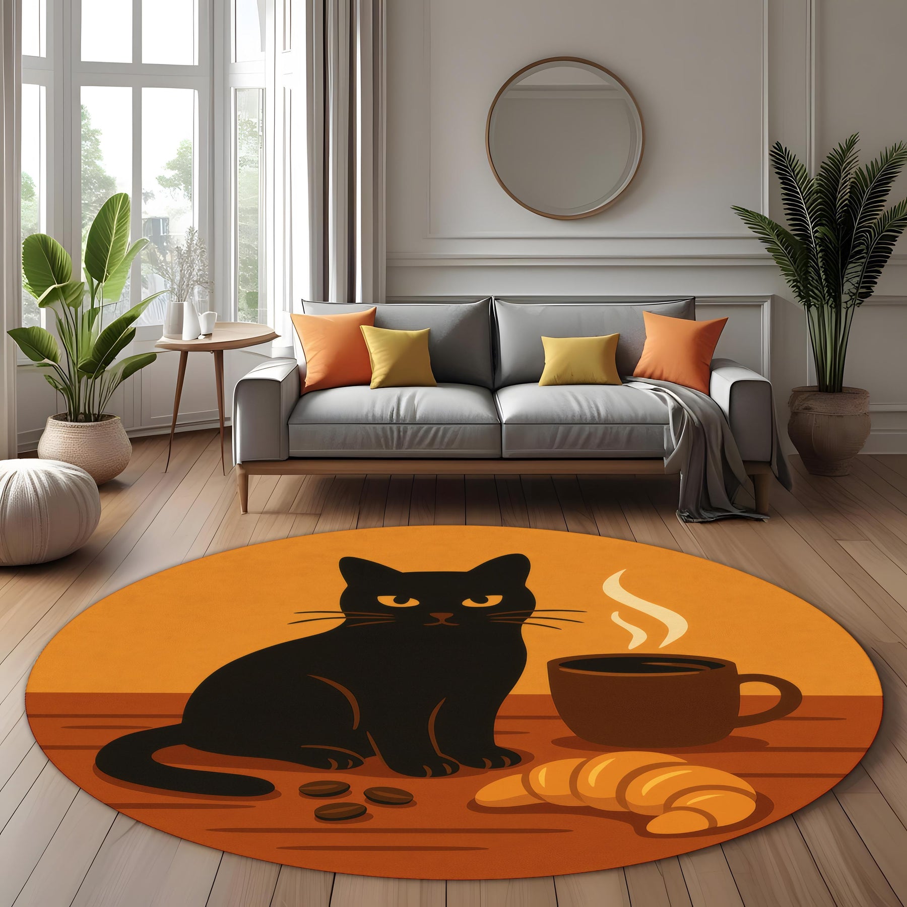 Whimsical Cat Coffee Rug: Cozy Black Cat With Croissant And Coffee Beans, Round Carpet For Kitchen Or Reading Nook