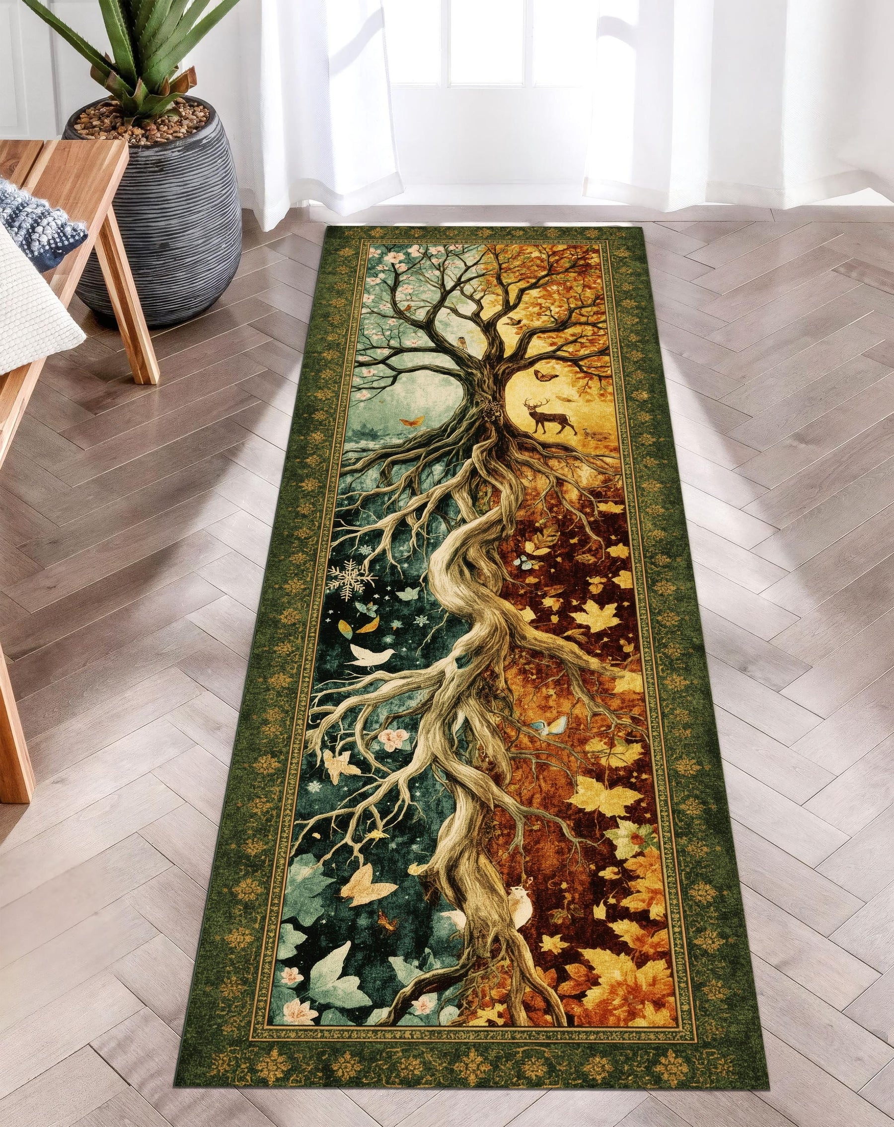 Tree of Seasons Runner Rug, Fantasy Tapestry Rug, Four Seasons Nature Decor, Enchanted Forest Hallway Rug, Botanical Wheel Rug