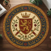 Royal Crest Round Rug: Medieval Heraldic Carpet with Lion Shield, Swords and Crowns for Castle Inspired or Noble Interior Decor