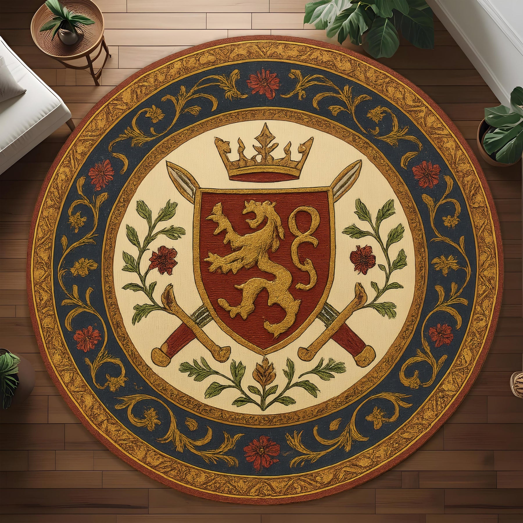 Royal Crest Round Rug: Medieval Heraldic Carpet with Lion Shield, Swords and Crowns for Castle Inspired or Noble Interior Decor