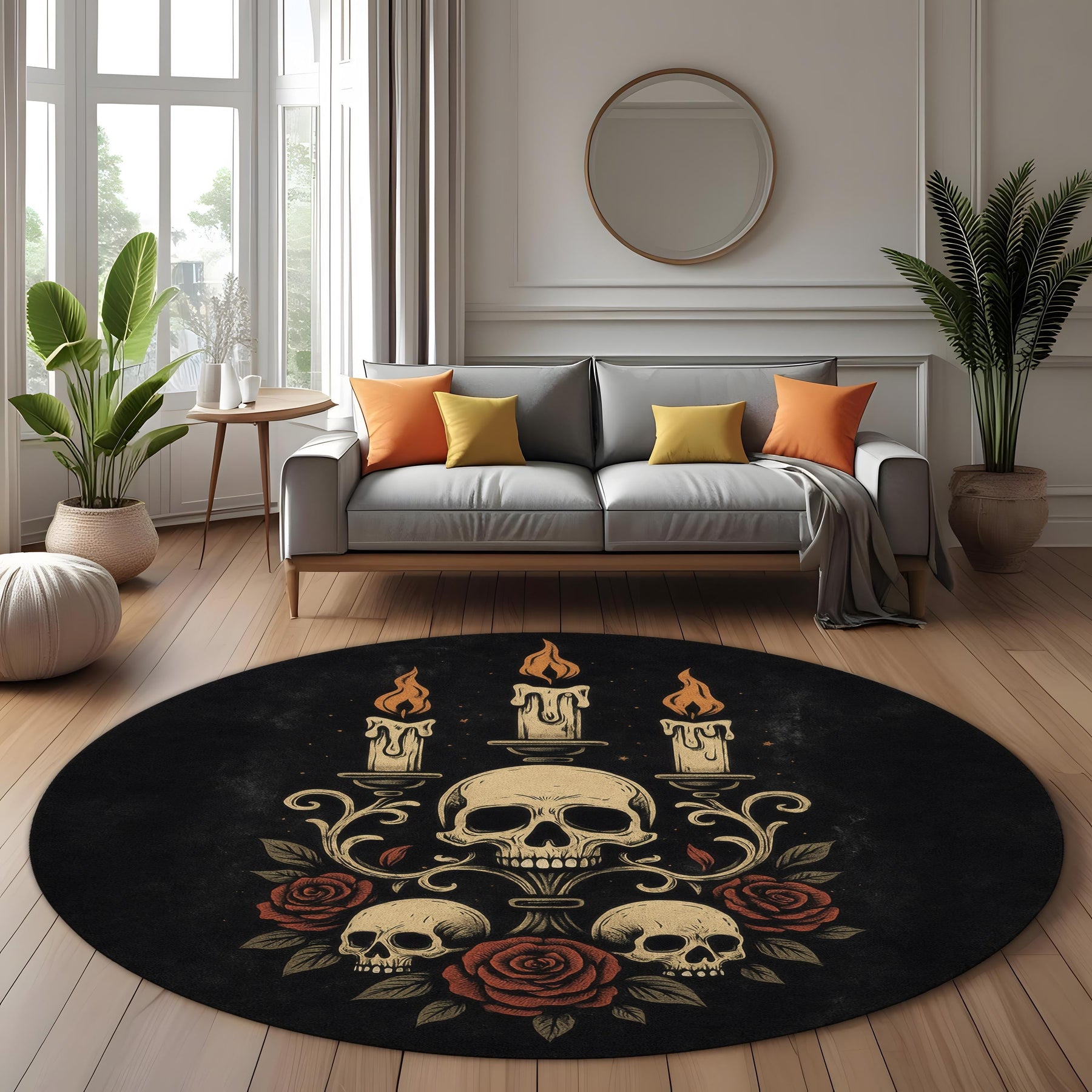 Dark Gothic Rug: Skull Candelabra Red Roses Candles Decor, Round Carpet With Baroque Vibe