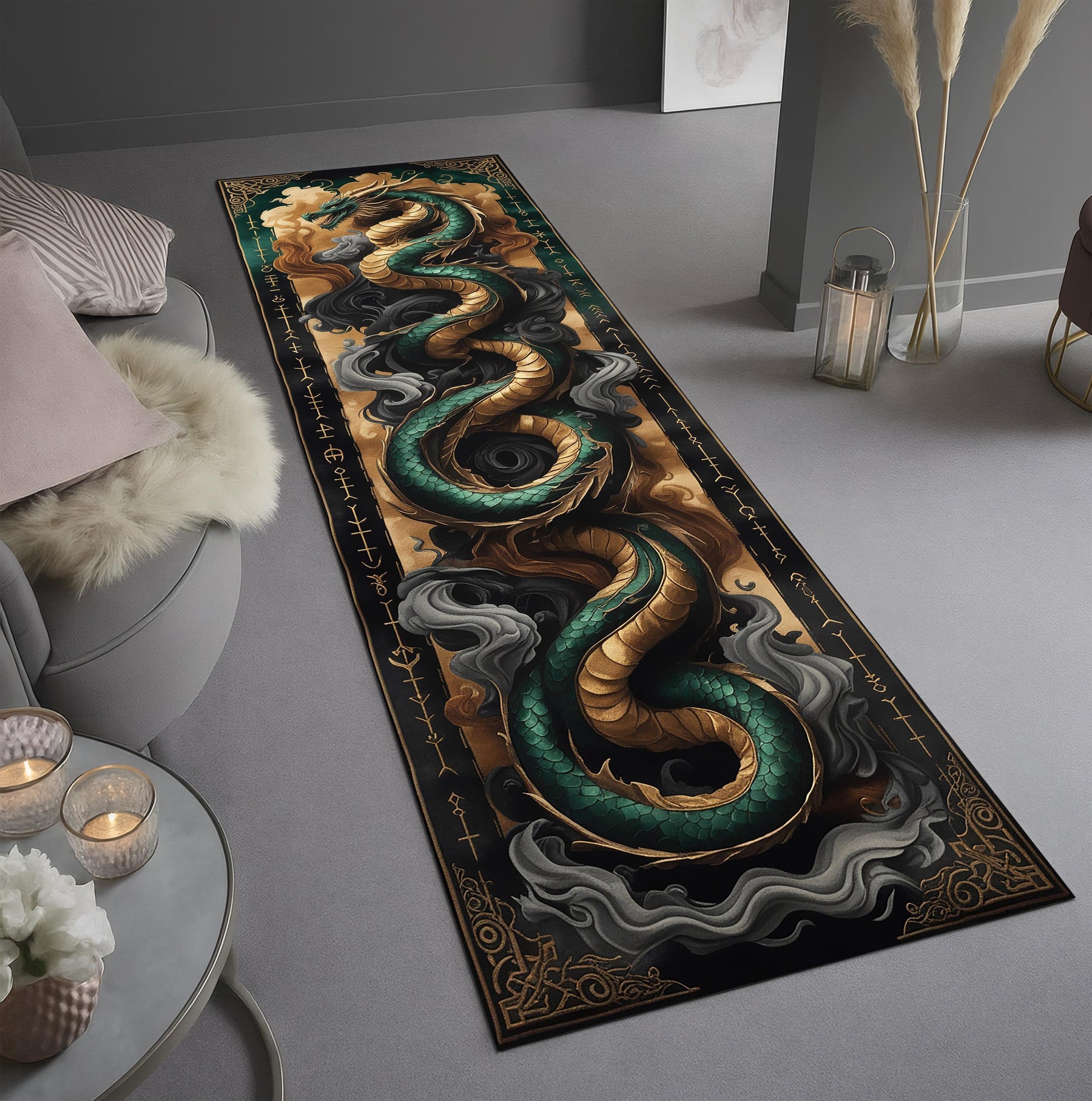 Serpent Myth Runner Rug, Gothic Dragon Snake Hallway Rug, Fantasy Medieval Decor, Wizard Magic Carpet, Mystical Creature Long Area Rug