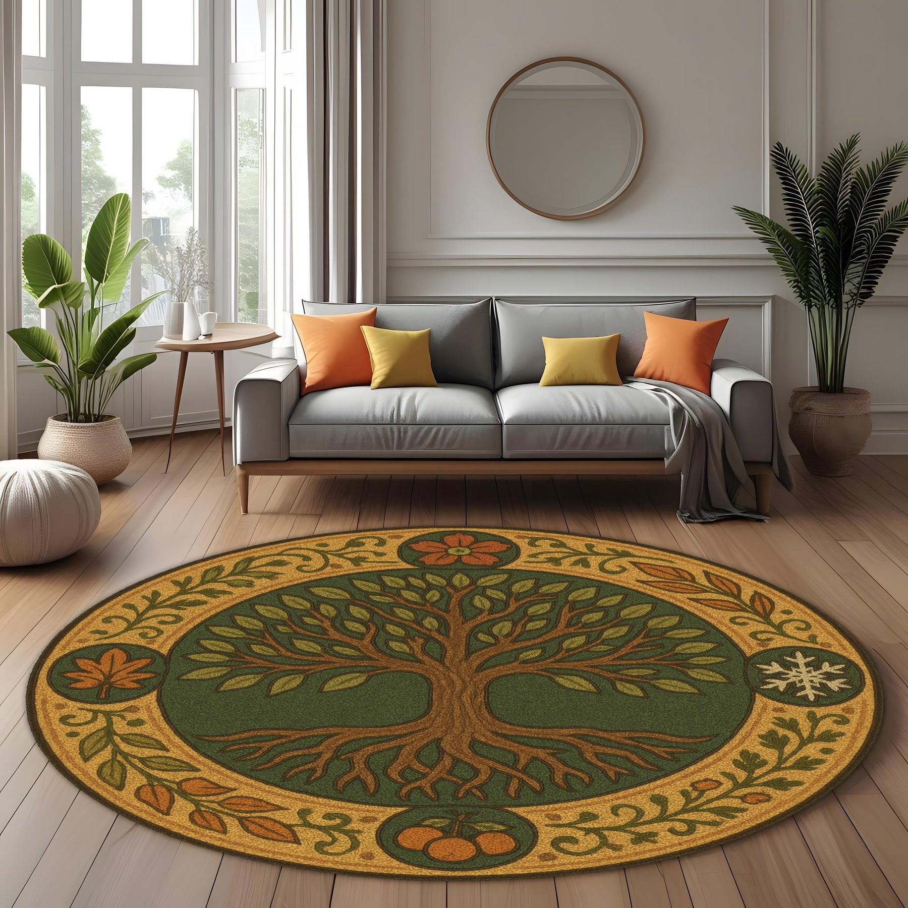 Tree of Life Round Rug: Four Seasons Nature Carpet with Roots and Leaves for Earthy, Botanical or Medieval Inspired Interiors