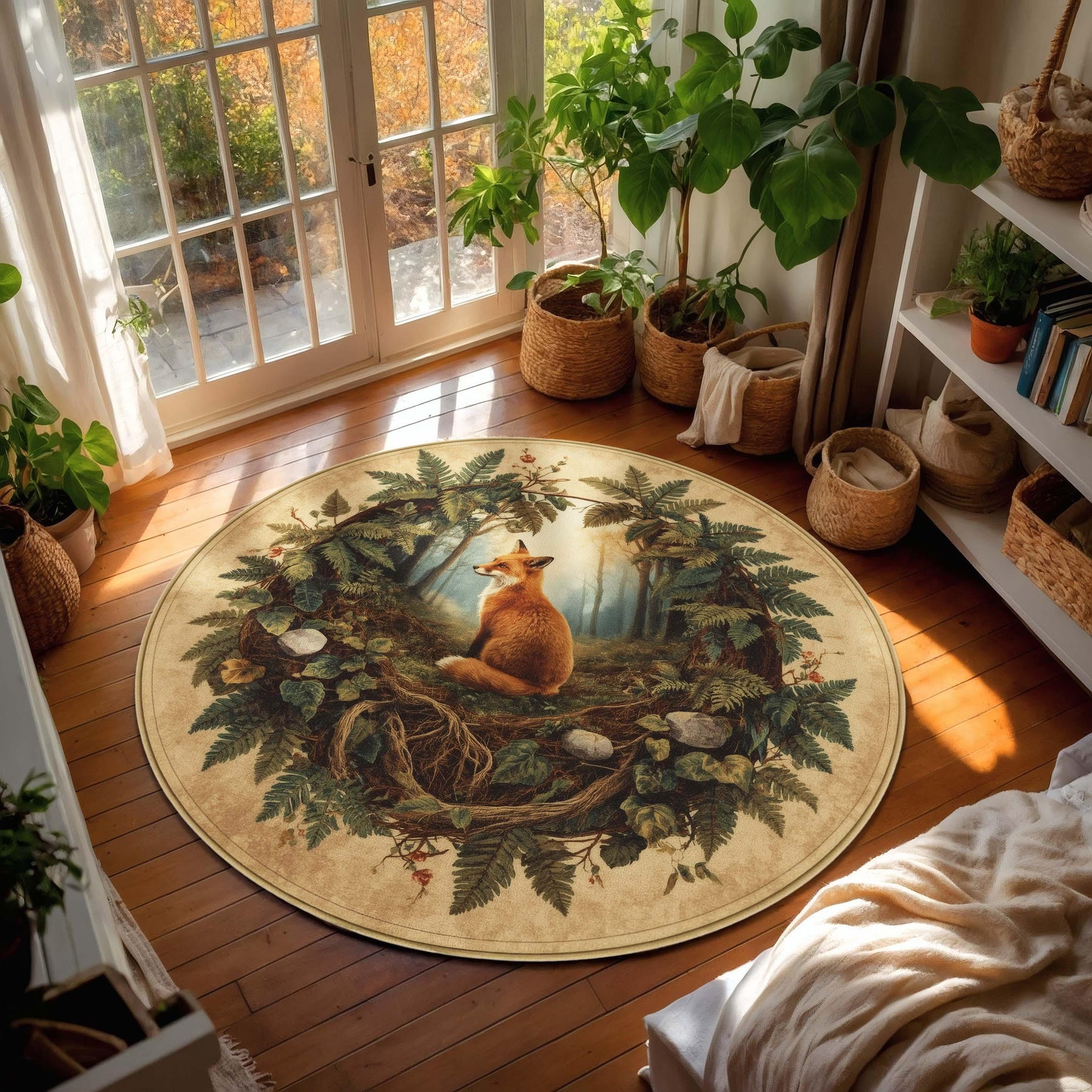 Woodland Fox Round Rug | Forest Animal Rug with Ferns and Roots | Nature-Inspired Cozy Cottagecore Carpet | Woodland Botanical Fox Carpet
