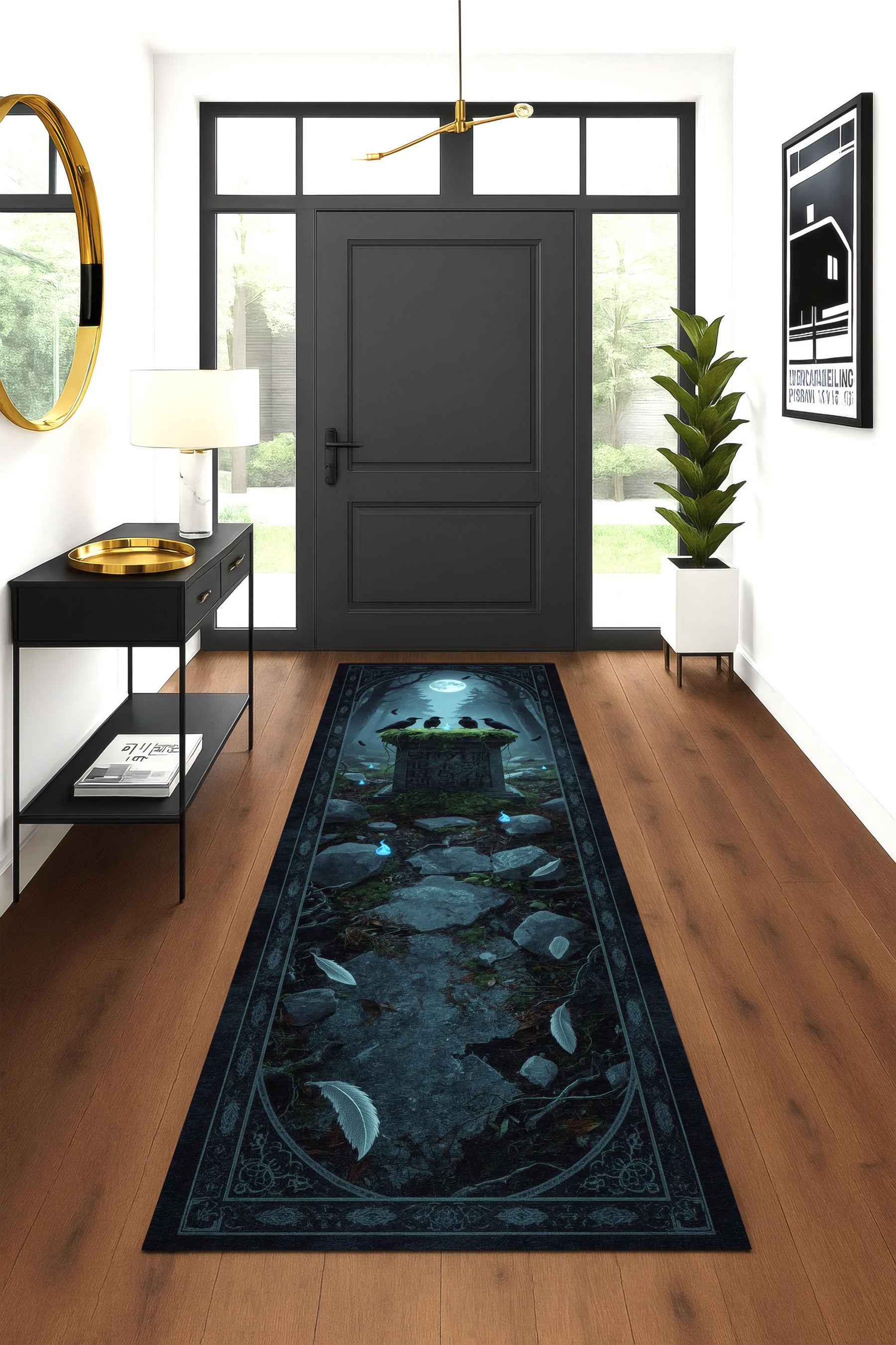 Raven Altar Runner Rug, Gothic Fantasy Rug, Ritual Tapestry Rug, Crow Forest Decor, Witchcore Hallway Mat, Moonlight Spirit Rug