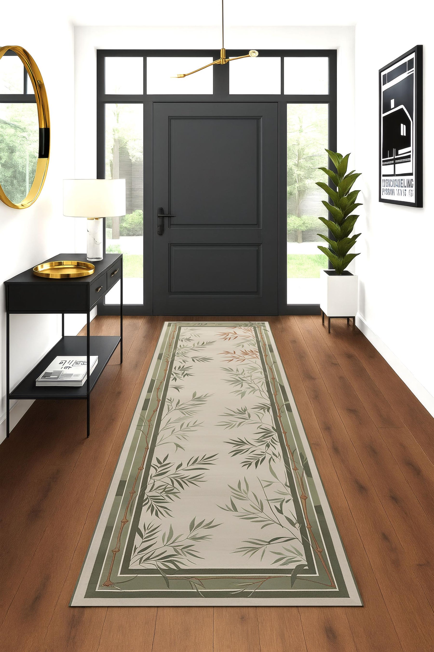 Bamboo Leaf Runner Rug, Japandi Minimalist Hallway Rug, Zen Nature-Inspired Carpet, Calming Neutral Floor Decor, Botanical Bamboo Area Rug