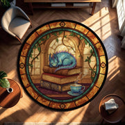 Sleeping Dragon Book Rug, Cozy Fantasy Library Decor with Tea and Books, Round Vitray Style Carpet, Book Lover Gift for Readers and Writers