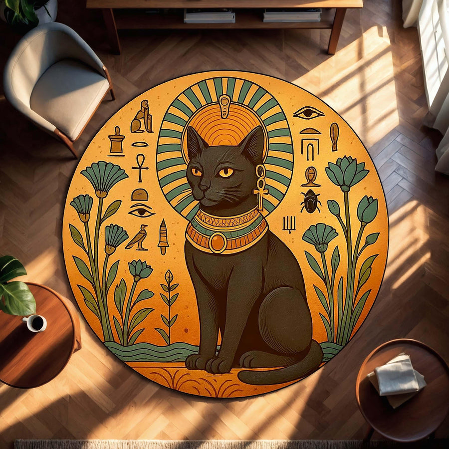 Egyptian Black Cat Rug, Bastet Round Carpet, Witchy Ankh Eye of Horus Decor, Sun Symbol Esoteric Mat for Cat Lovers and Spiritual Homes