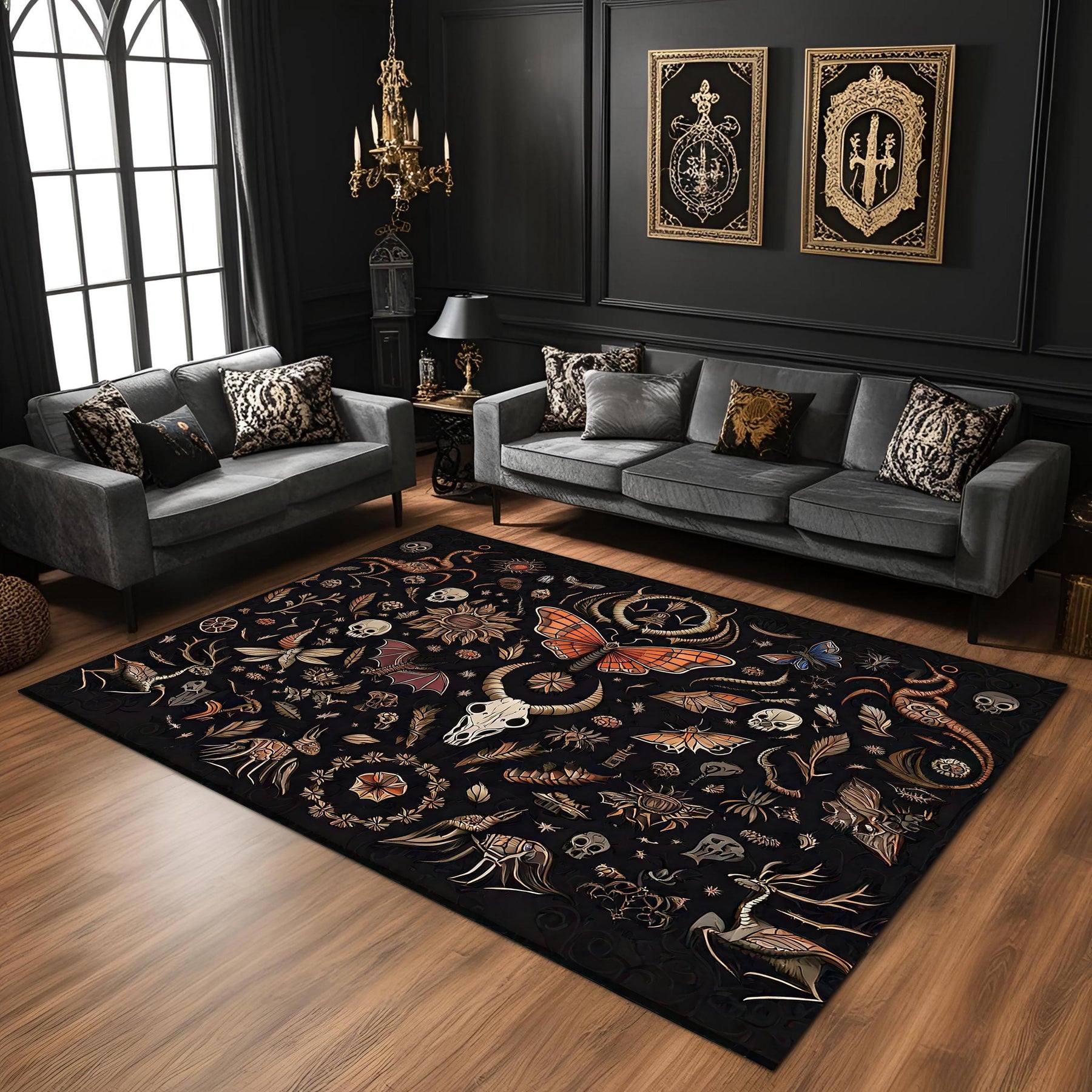 Gothic Skull and Moth Rug: Witchy Dark Forest Decor