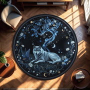 Celestial Wolf Round Rug | Moonlit Forest Carpet with Starry Tree & Night Sky | Mystical Animal Decor for Dreamy Interiors | Silver Wolf Rug